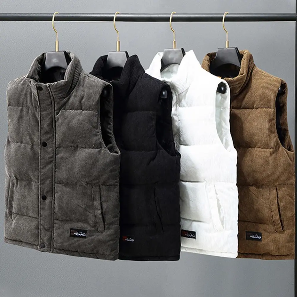 Men Waistcoat Thickened Padded Stand Collar Windproof Vest Coat Autumn Winter Outdoor Waistcoat Thick Padded Winter Waistcoat