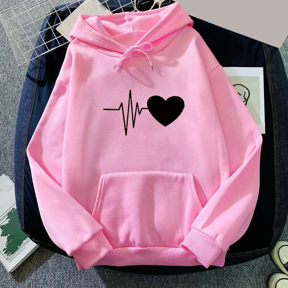 2025 Unisex Fall Winter Hoodie Heart Print Hooded Loose Drawstring Pullover Thick Plush Warm Big Patch Pocket Casual Hoodie