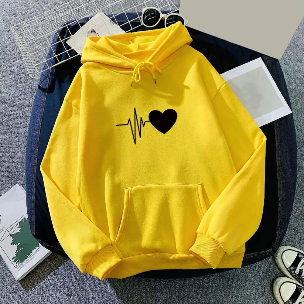 2025 Unisex Fall Winter Hoodie Heart Print Hooded Loose Drawstring Pullover Thick Plush Warm Big Patch Pocket Casual Hoodie