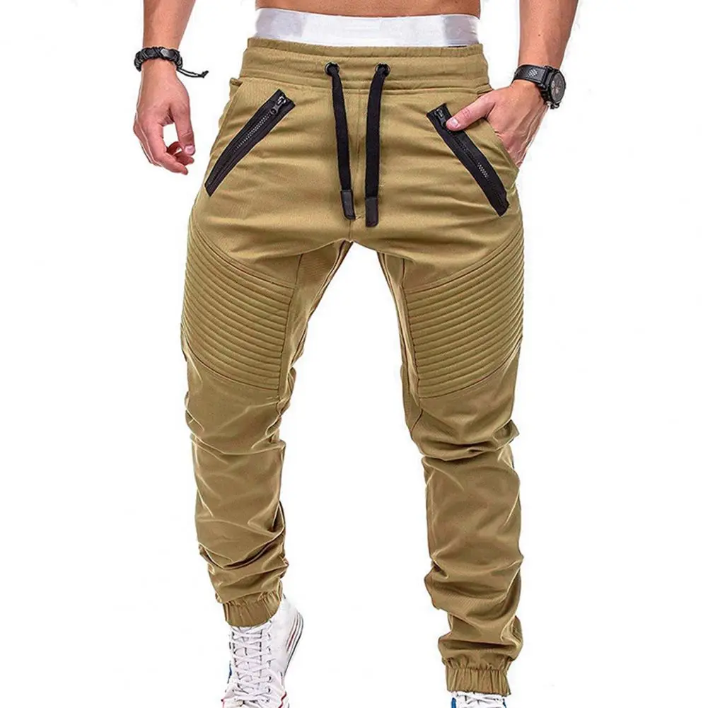 Men Long Pants Drawstring Adjustable Men Stripes Zipper Pockets Sports Trousers Outdoor Activities Solid Color Ankle Tied Pants