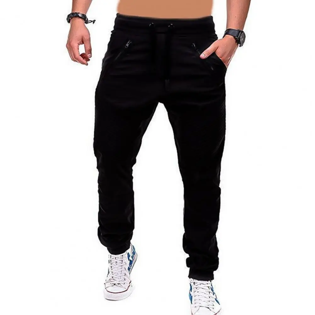 Men Long Pants Drawstring Adjustable Men Stripes Zipper Pockets Sports Trousers Outdoor Activities Solid Color Ankle Tied Pants