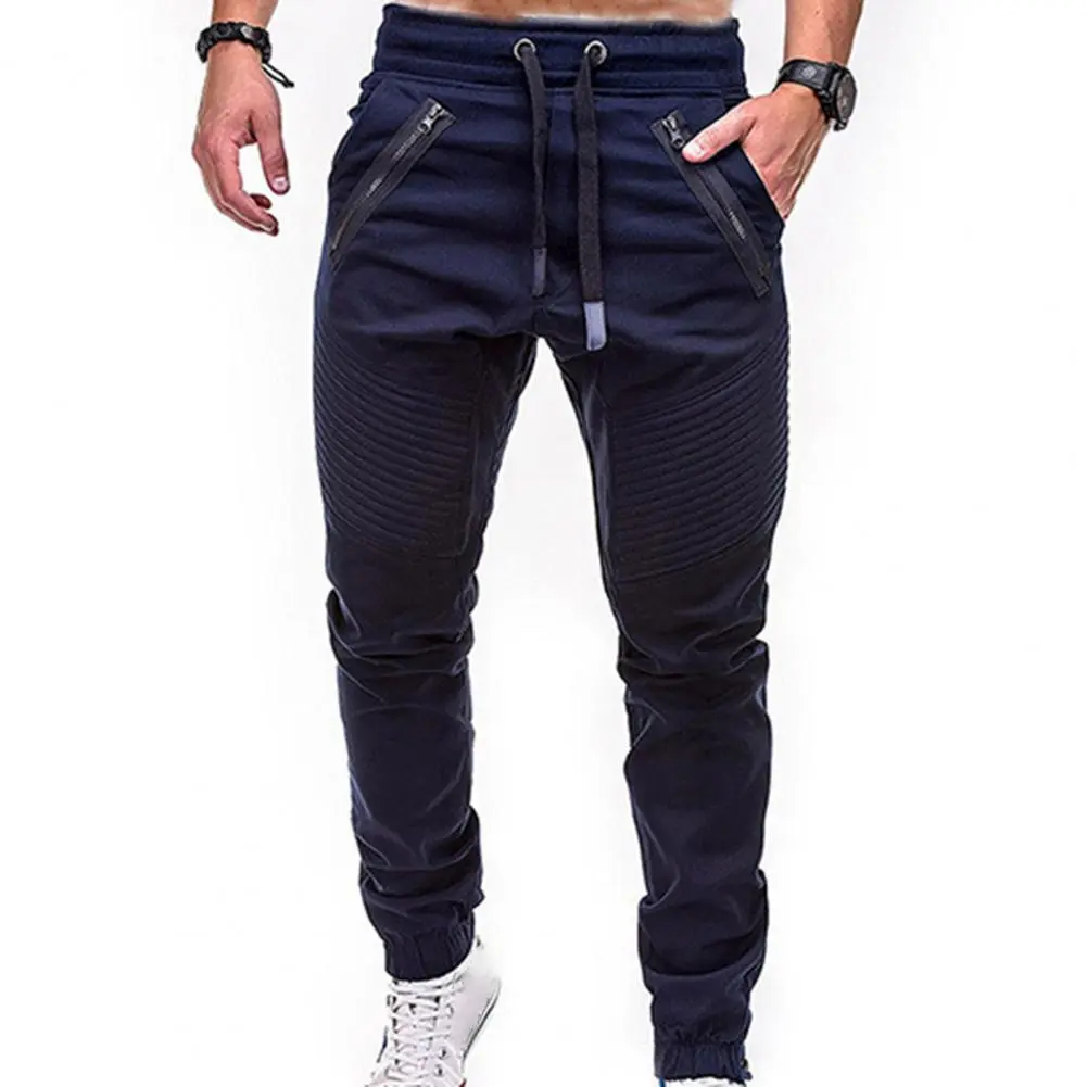 Men Long Pants Drawstring Adjustable Men Stripes Zipper Pockets Sports Trousers Outdoor Activities Solid Color Ankle Tied Pants