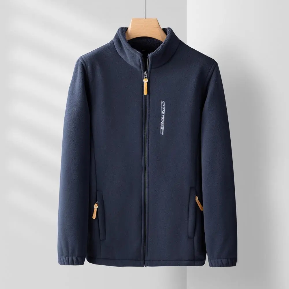 Full Zipper Closure Men Jacket Stand Collar Men Jacket Winter Men's Fleece Lining Jacket Stylish Stand Collar Long for Sports