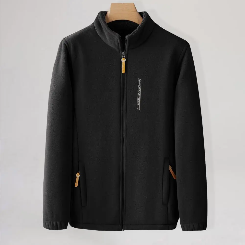 Full Zipper Closure Men Jacket Stand Collar Men Jacket Winter Men's Fleece Lining Jacket Stylish Stand Collar Long for Sports