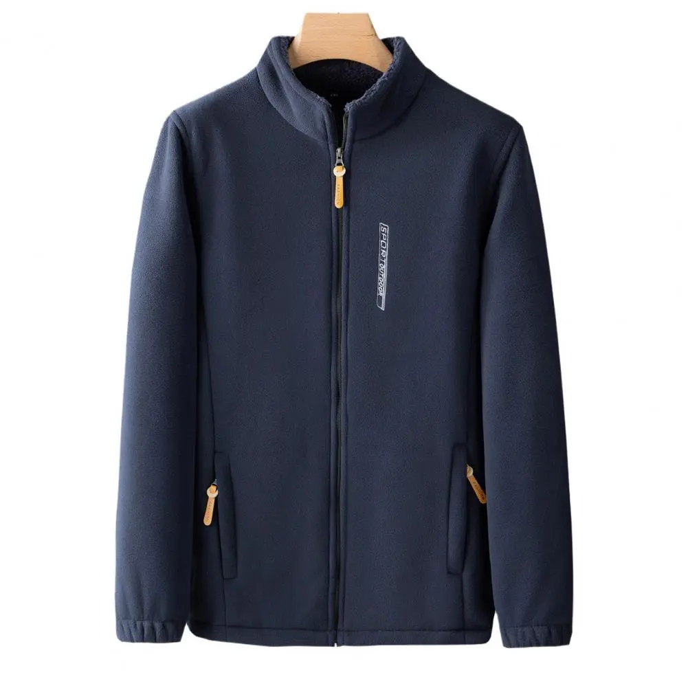 Full Zipper Closure Men Jacket Stand Collar Men Jacket Winter Men's Fleece Lining Jacket Stylish Stand Collar Long for Sports