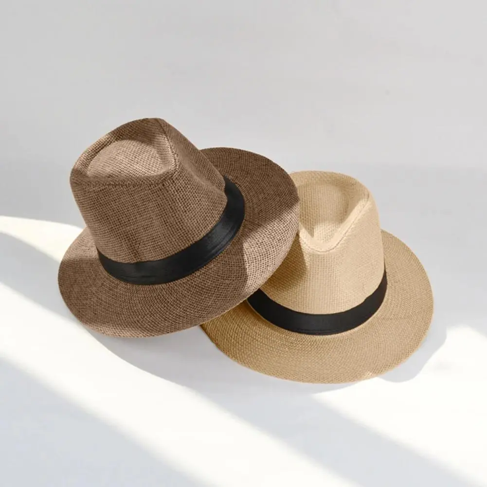 Women Sun Hat Band Decor Flat Dome Straw Hat Folding Thin Non-stuffy Anti-UV Men Big Brim Sunscreen Jazz Hat Fashion Accessories