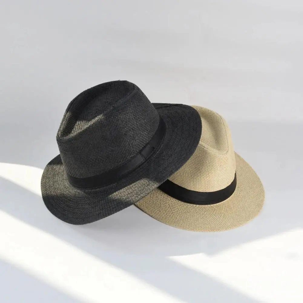 Women Sun Hat Band Decor Flat Dome Straw Hat Folding Thin Non-stuffy Anti-UV Men Big Brim Sunscreen Jazz Hat Fashion Accessories