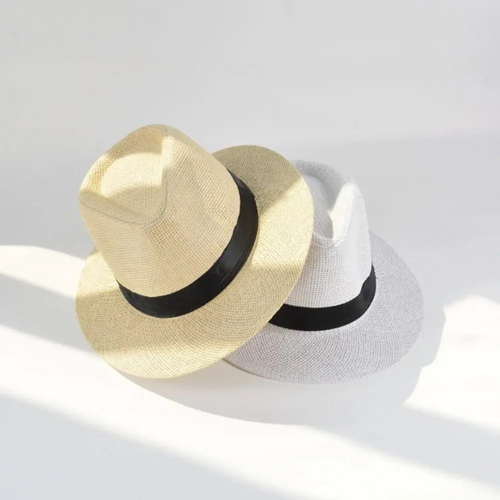 Women Sun Hat Band Decor Flat Dome Straw Hat Folding Thin Non-stuffy Anti-UV Men Big Brim Sunscreen Jazz Hat Fashion Accessories