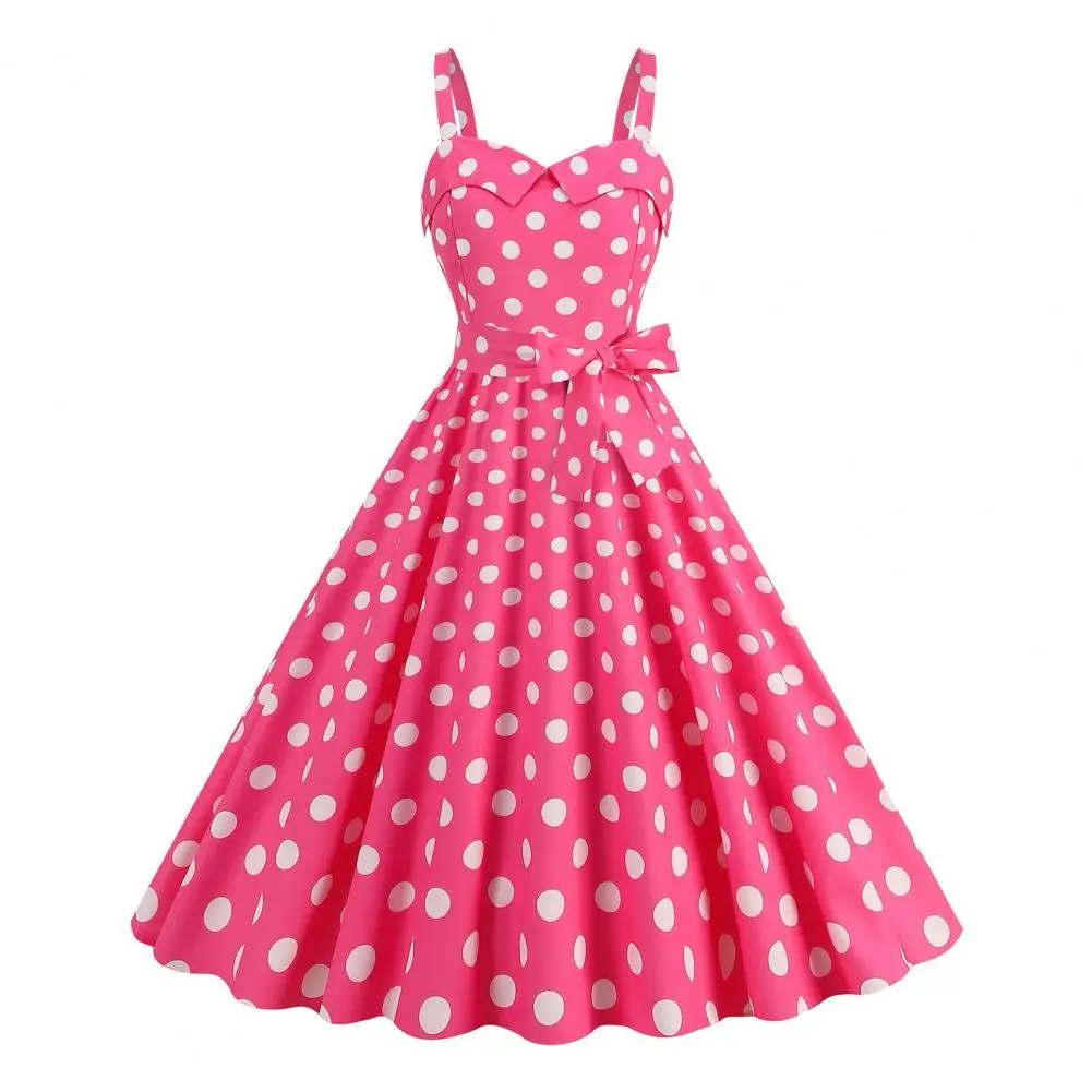 1950s Women Polka Dot Princess Dress Classic Movie Style Pink Plaid Umbrella Hem Dress Elegant Plaid Retro Bridesmaid Dresses