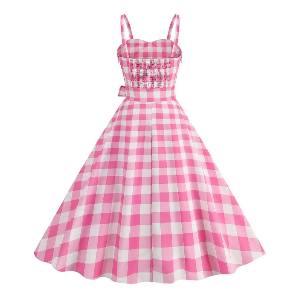 1950s Women Polka Dot Princess Dress Classic Movie Style Pink Plaid Umbrella Hem Dress Elegant Plaid Retro Bridesmaid Dresses