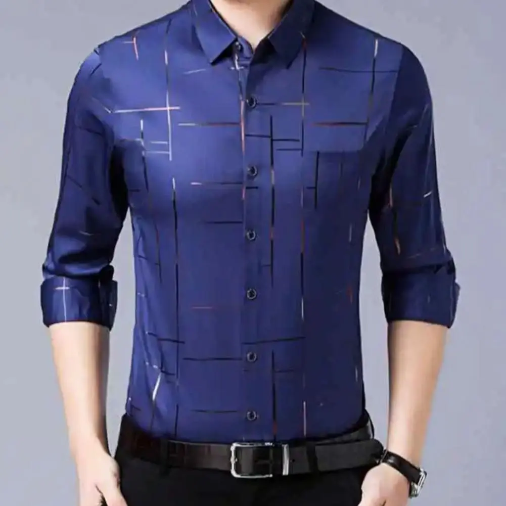 Irregular Lines Men's Dress Pure Color Shirt High Quality Formal Autumn Spring Business Casual Silk Social Stretch Smooth Shirt