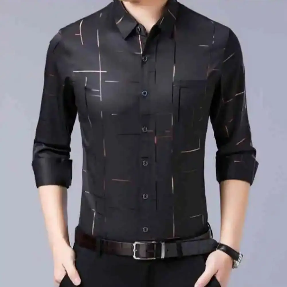 Irregular Lines Men's Dress Pure Color Shirt High Quality Formal Autumn Spring Business Casual Silk Social Stretch Smooth Shirt