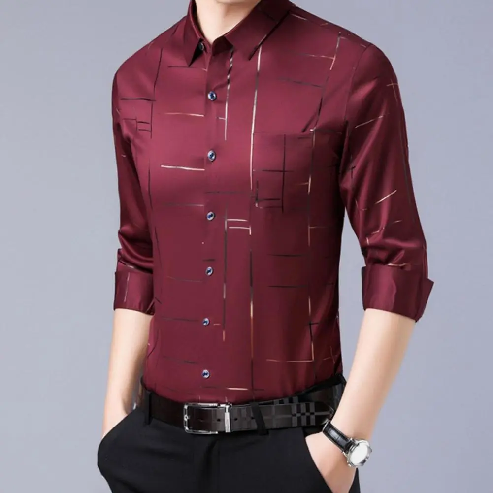 Irregular Lines Men's Dress Pure Color Shirt High Quality Formal Autumn Spring Business Casual Silk Social Stretch Smooth Shirt