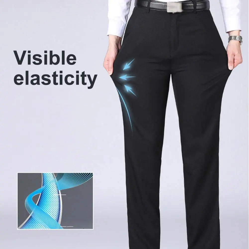 Men Business Pants Middle-aged Stretchy Double Pockets Full Length Zipper Fly Suit Pants Loose Straight Thin Men's Trousers