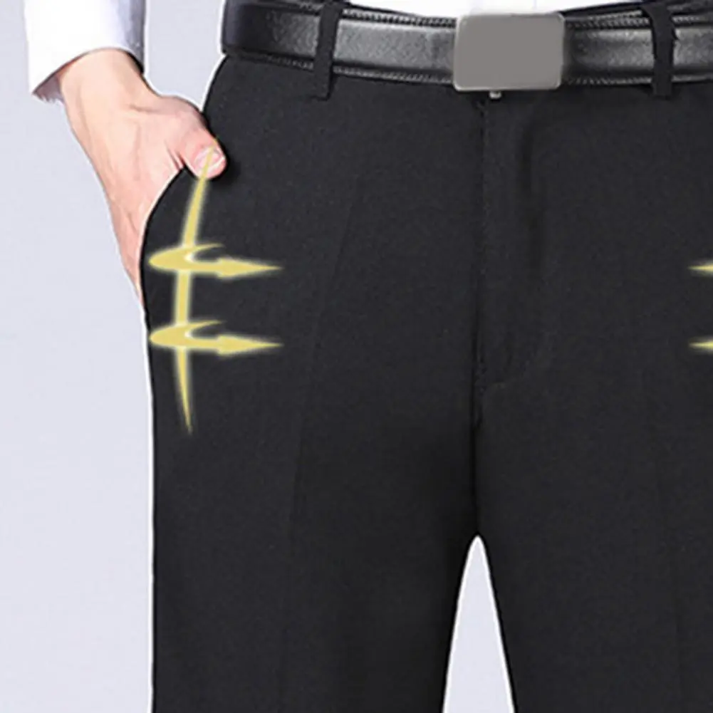 Men Business Pants Middle-aged Stretchy Double Pockets Full Length Zipper Fly Suit Pants Loose Straight Thin Men's Trousers