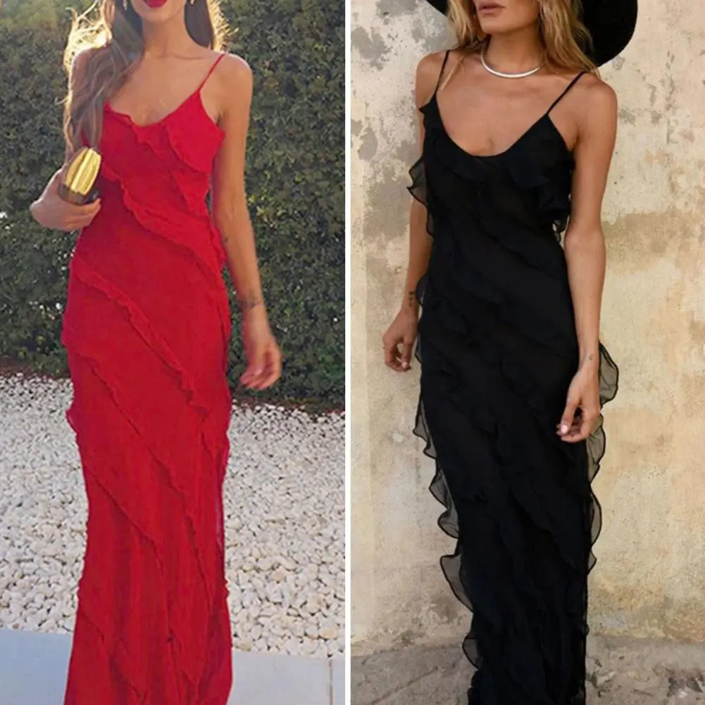 Spaghetti Strap Ruffled V Neck Dress Sexy Strap Open Back Split Ruffle Dress Cocktail Prom Party Maxi Dress Strappy Dresses