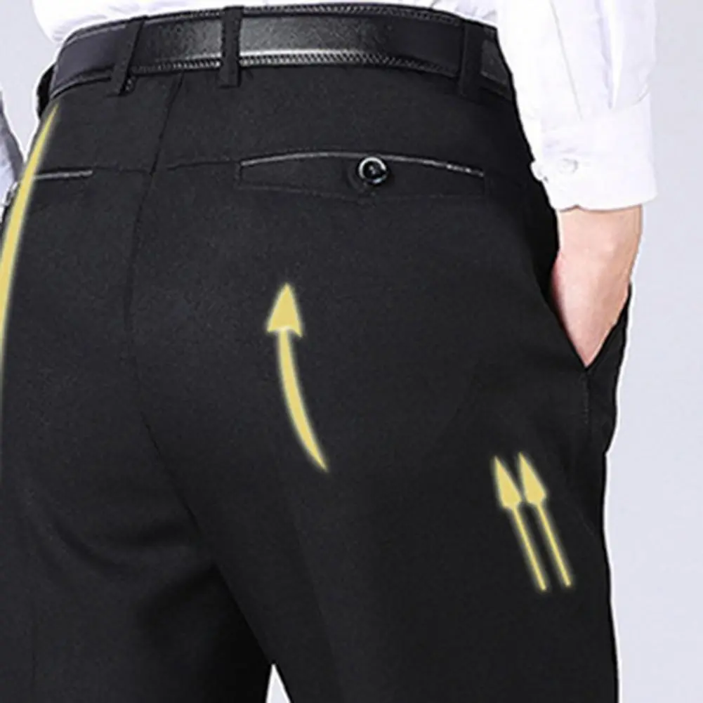Men Business Pants Middle-aged Stretchy Double Pockets Full Length Zipper Fly Suit Pants Loose Straight Thin Men's Trousers
