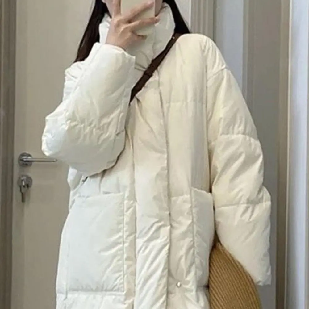 Winter Down Coat Thickened Padded Stand Collar Knee Length Pockets Cotton Jacket Zipper Closure Windproof Women Down Coat Parkas