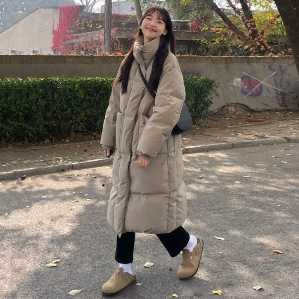Winter Down Coat Thickened Padded Stand Collar Knee Length Pockets Cotton Jacket Zipper Closure Windproof Women Down Coat Parkas