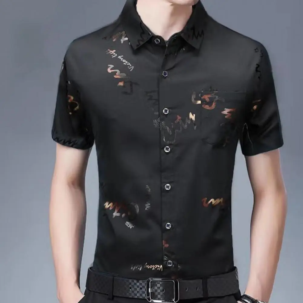 High Quality Formal Dress Men Shirt Pocket Letter  Turndown Collar Slim Top Non Iron Business Casual Silk Men Shirt Suit Shirts