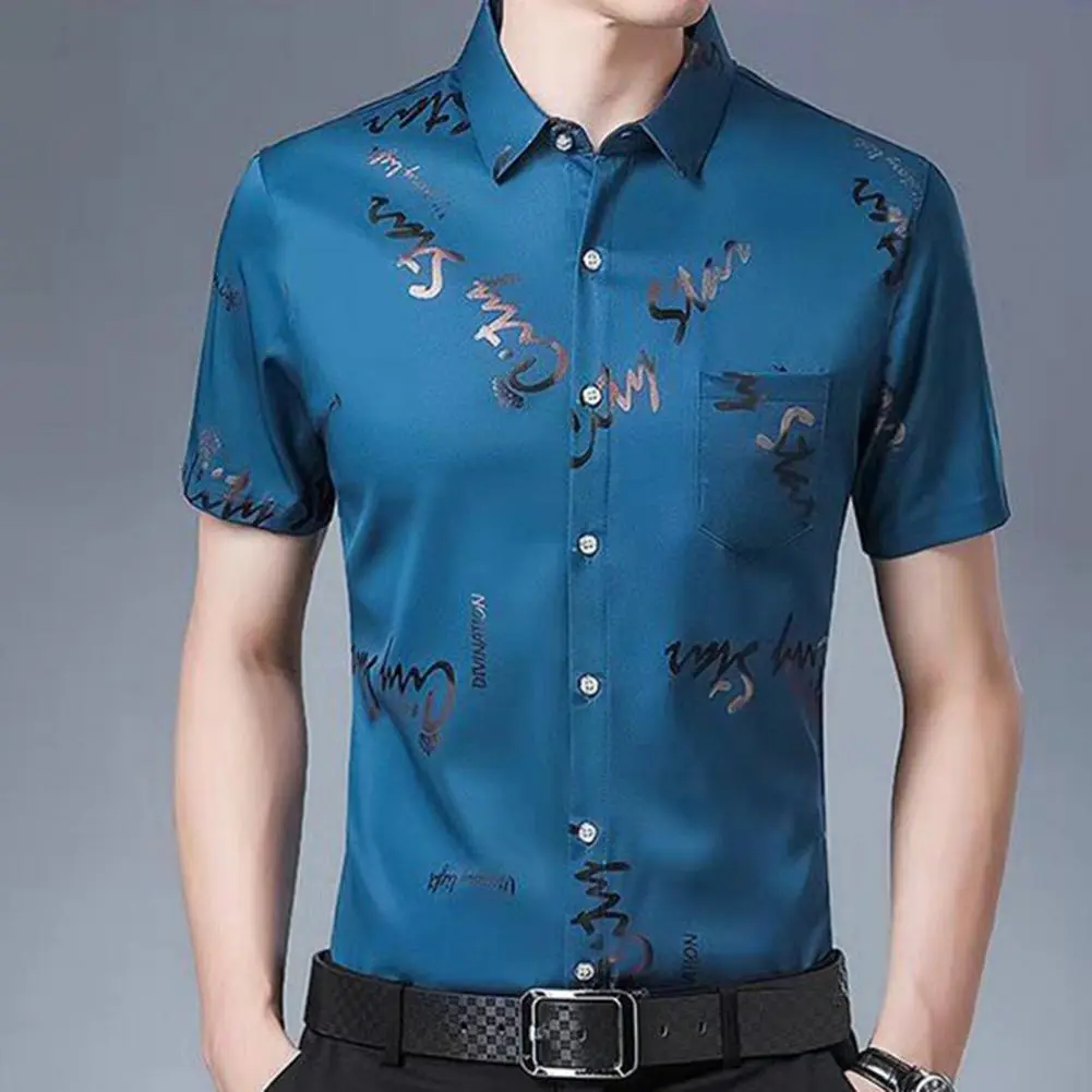 High Quality Formal Dress Men Shirt Pocket Letter  Turndown Collar Slim Top Non Iron Business Casual Silk Men Shirt Suit Shirts