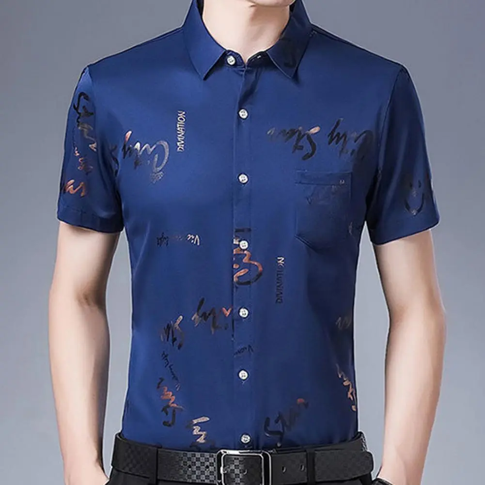 High Quality Formal Dress Men Shirt Pocket Letter  Turndown Collar Slim Top Non Iron Business Casual Silk Men Shirt Suit Shirts