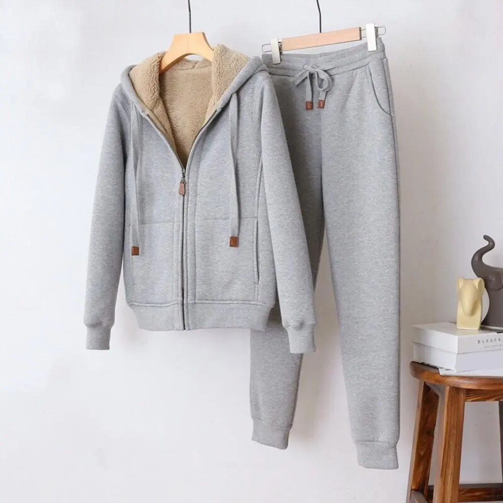 Women Tracksuit  Plush Lining Hooded Jacket Drawstring Jogging Pants Set Women's Winter Tracksuit Hoodie Pants Combo Sports Suit