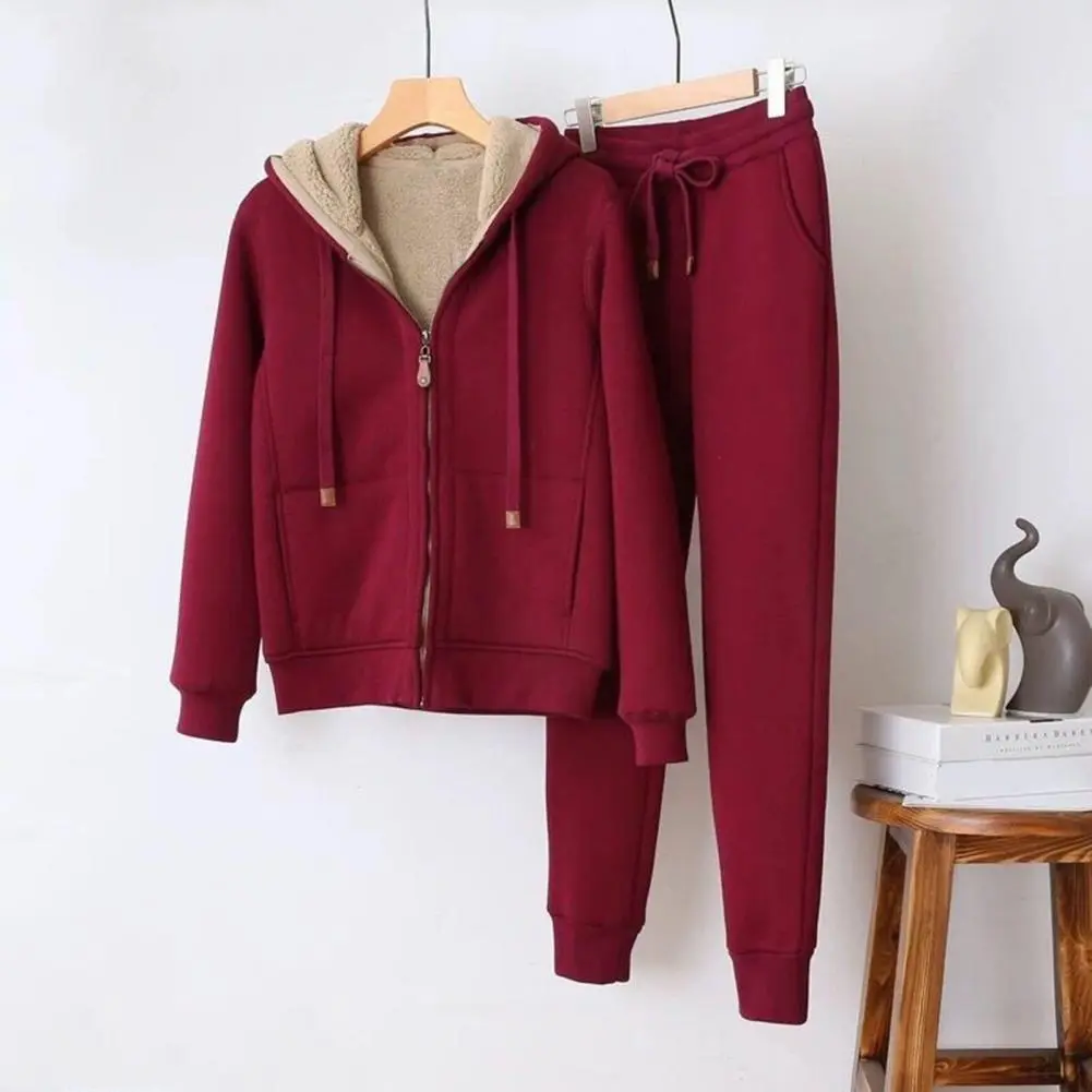 Women Tracksuit  Plush Lining Hooded Jacket Drawstring Jogging Pants Set Women's Winter Tracksuit Hoodie Pants Combo Sports Suit