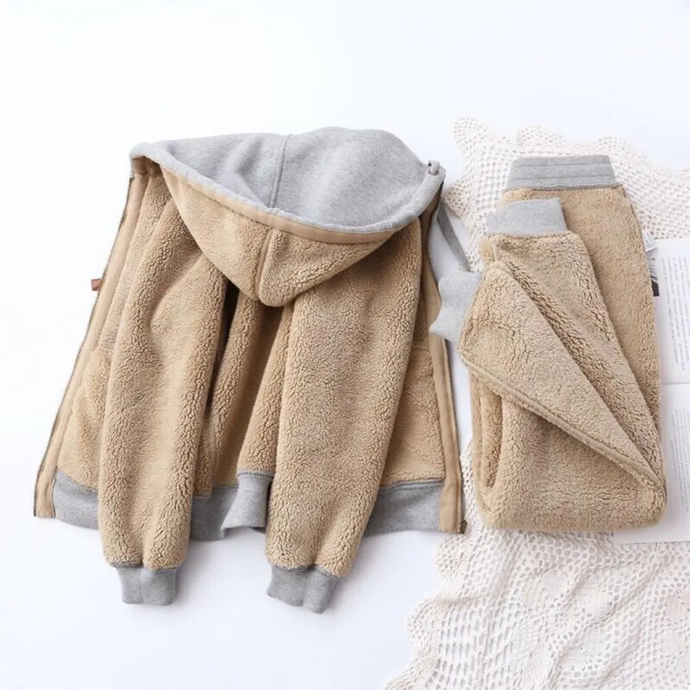 Women Tracksuit  Plush Lining Hooded Jacket Drawstring Jogging Pants Set Women's Winter Tracksuit Hoodie Pants Combo Sports Suit