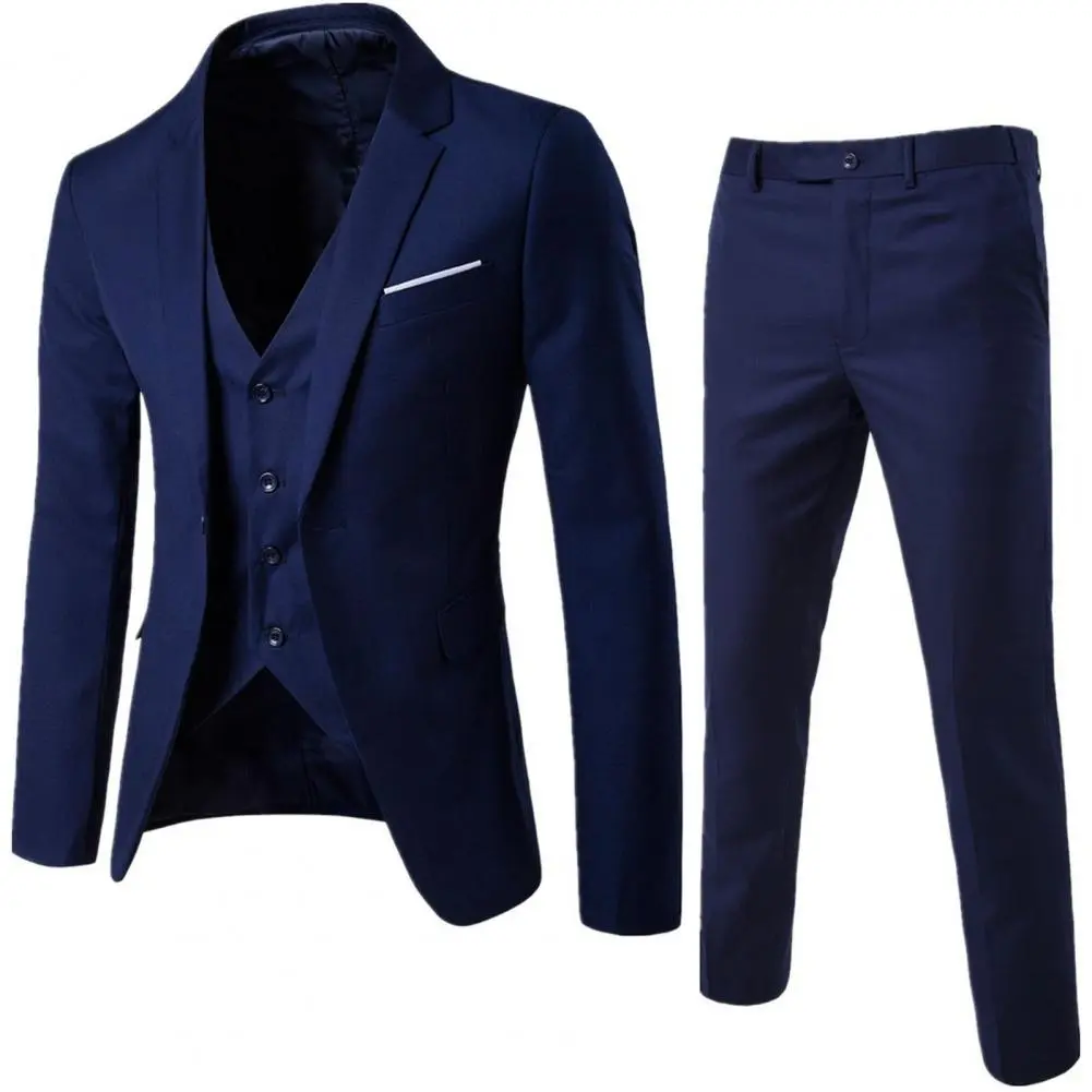 Men Three piece Suit Formal Business Suit Pants Set Solid Color Slim Fit Turn down Collar Anti wrinkle Groom Wedding Suit