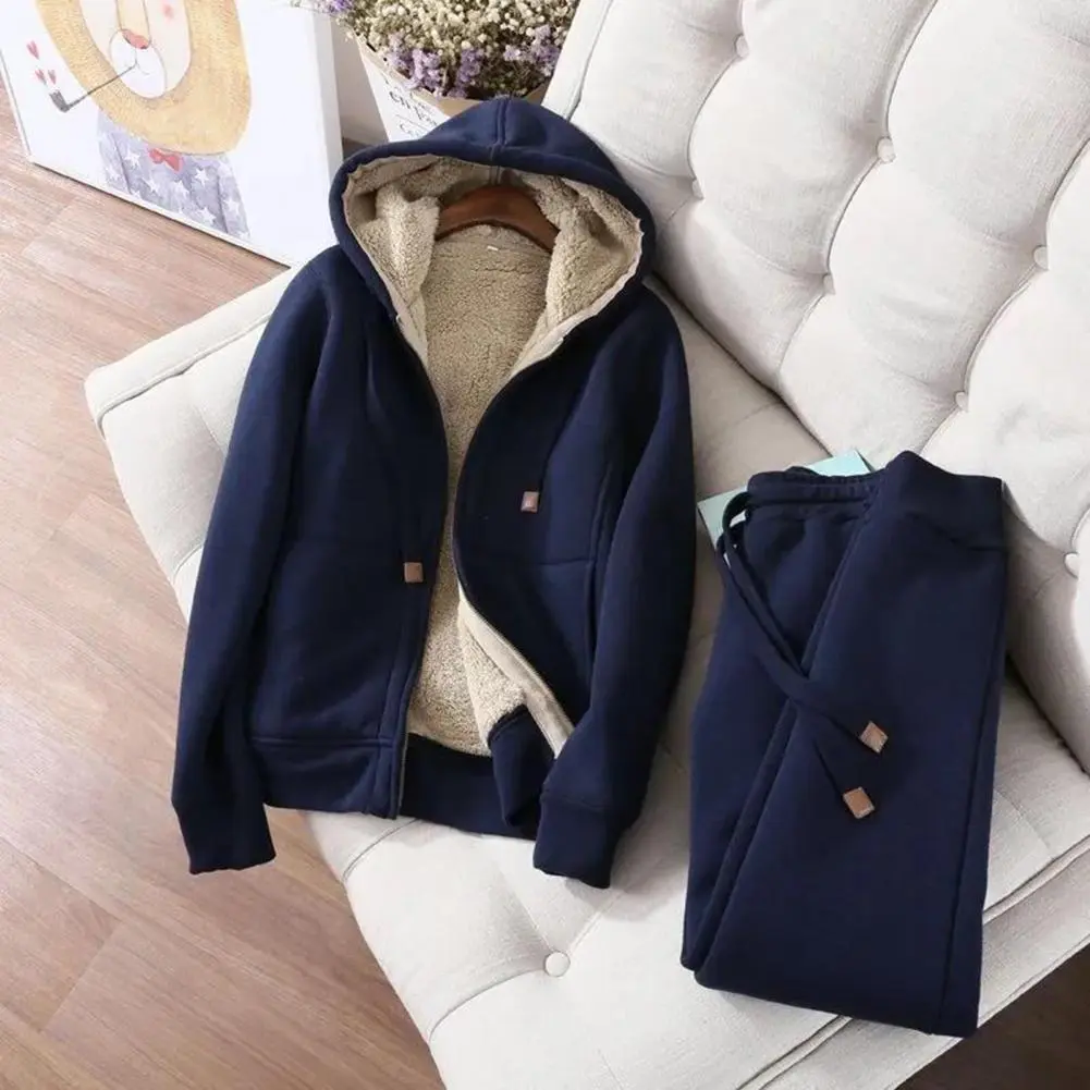 Women Tracksuit  Plush Lining Hooded Jacket Drawstring Jogging Pants Set Women's Winter Tracksuit Hoodie Pants Combo Sports Suit