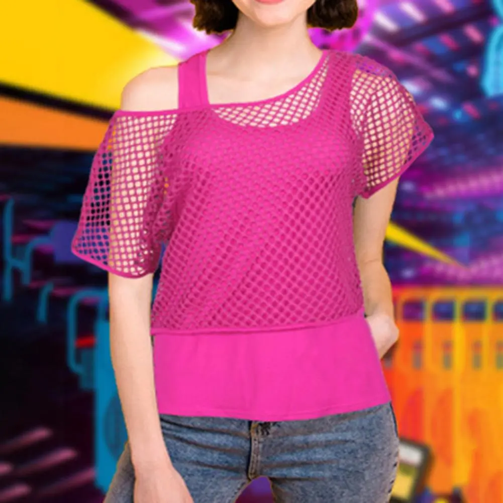 90s Women Neon Mesh Blouse Tank Top Set 80s Parties Mesh Cropped Tops Vest Set Colorful Short Sleeve T-shirt Vest Party Costume
