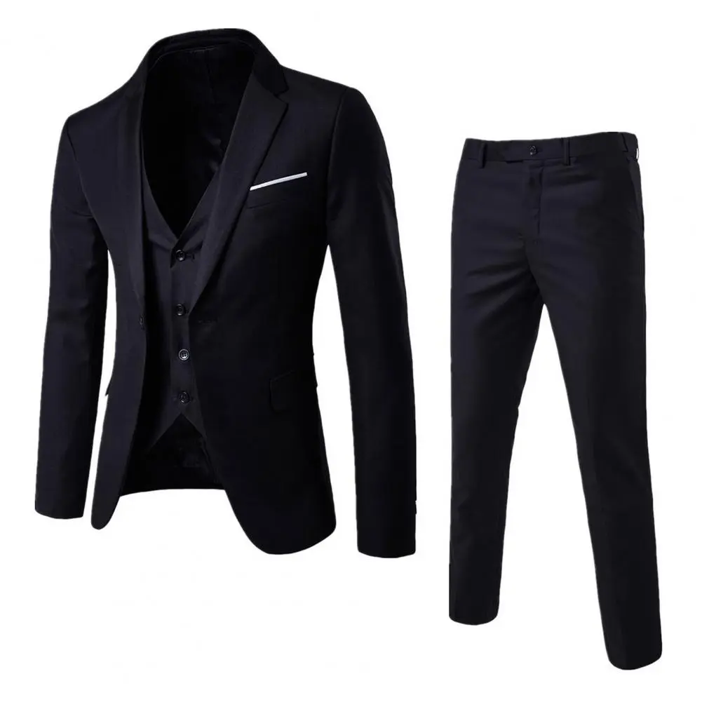 Men Three piece Suit Formal Business Suit Pants Set Solid Color Slim Fit Turn down Collar Anti wrinkle Groom Wedding Suit