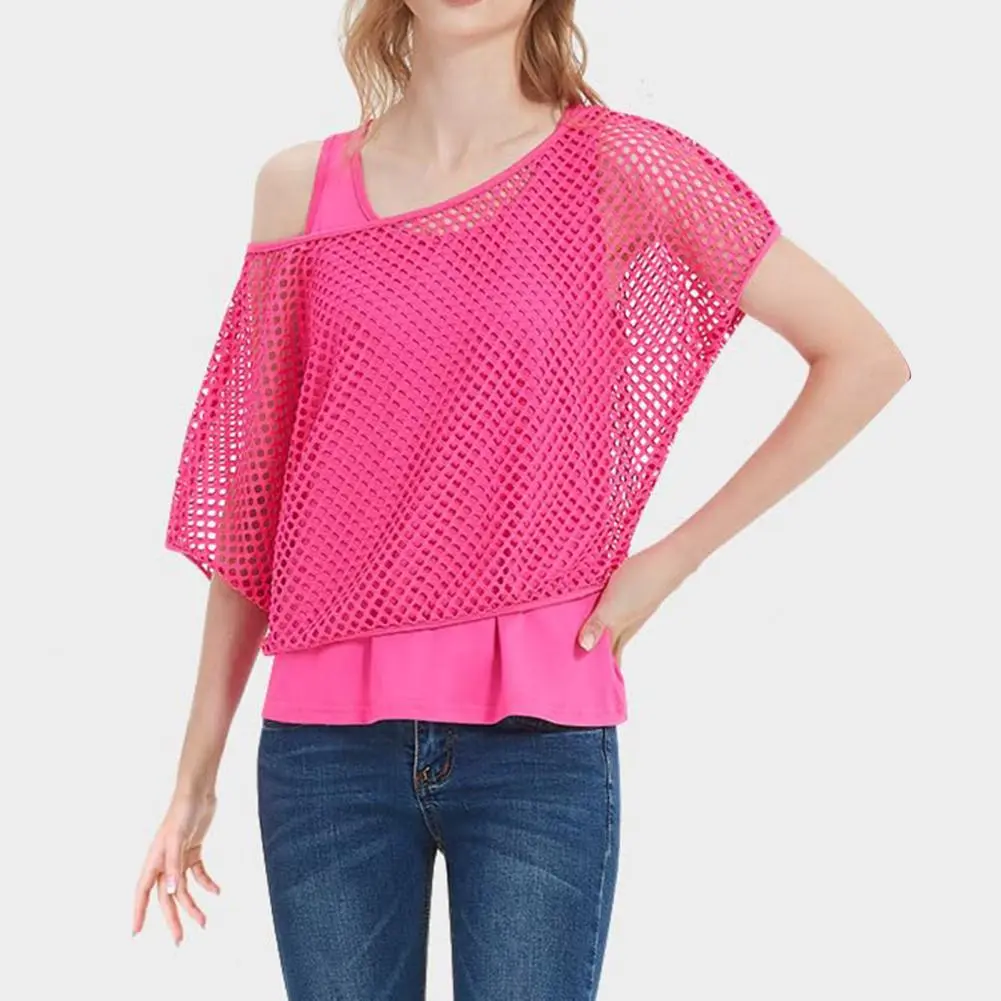 90s Women Neon Mesh Blouse Tank Top Set 80s Parties Mesh Cropped Tops Vest Set Colorful Short Sleeve T-shirt Vest Party Costume