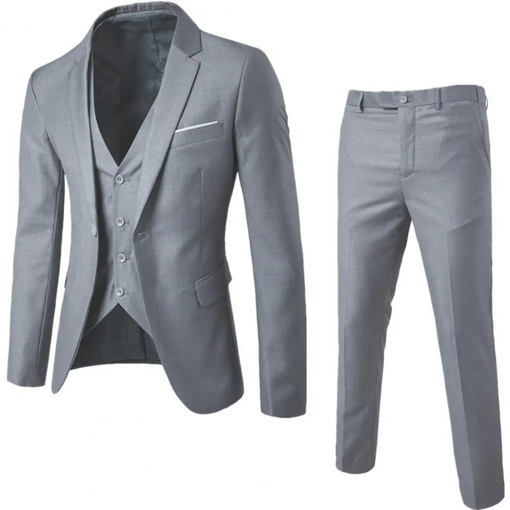 Men Three piece Suit Formal Business Suit Pants Set Solid Color Slim Fit Turn down Collar Anti wrinkle Groom Wedding Suit