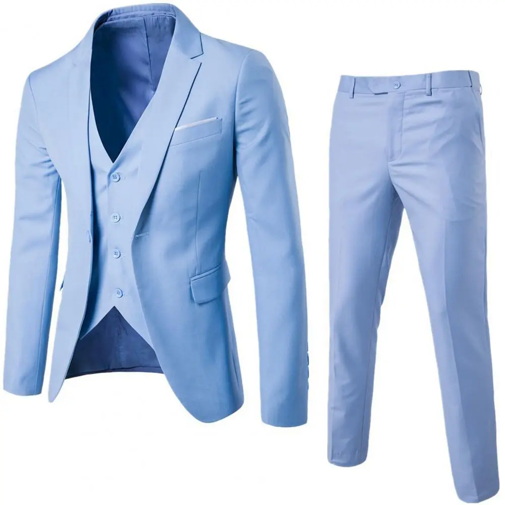 Men Three piece Suit Formal Business Suit Pants Set Solid Color Slim Fit Turn down Collar Anti wrinkle Groom Wedding Suit