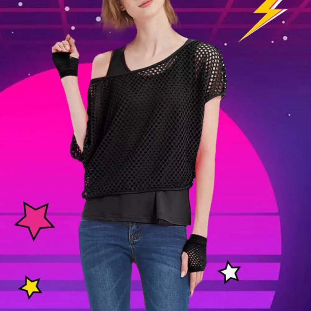 90s Women Neon Mesh Blouse Tank Top Set 80s Parties Mesh Cropped Tops Vest Set Colorful Short Sleeve T-shirt Vest Party Costume