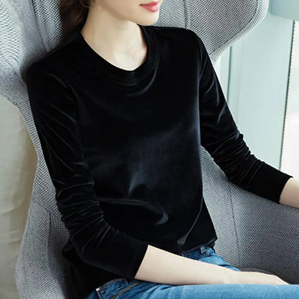 Velvet Bright Surface Women Blouse Spring Autumn Loose O-Neck Long Sleeve Pullover Top T-shirt Bottoming Shirt Women Pullover