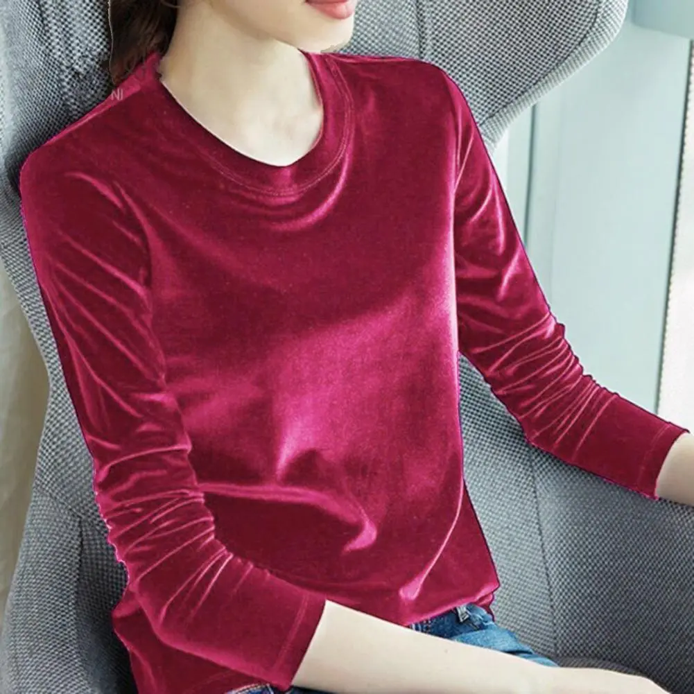 Velvet Bright Surface Women Blouse Spring Autumn Loose O-Neck Long Sleeve Pullover Top T-shirt Bottoming Shirt Women Pullover