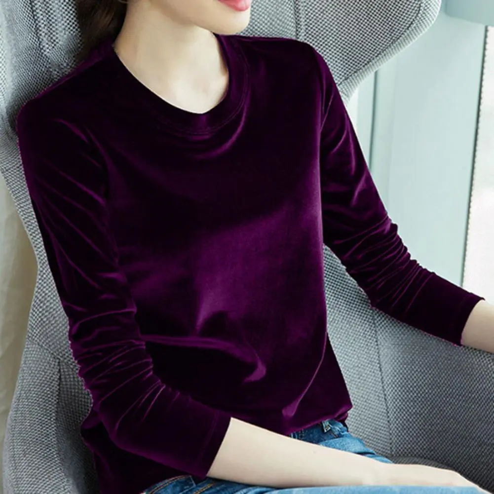 Velvet Bright Surface Women Blouse Spring Autumn Loose O-Neck Long Sleeve Pullover Top T-shirt Bottoming Shirt Women Pullover