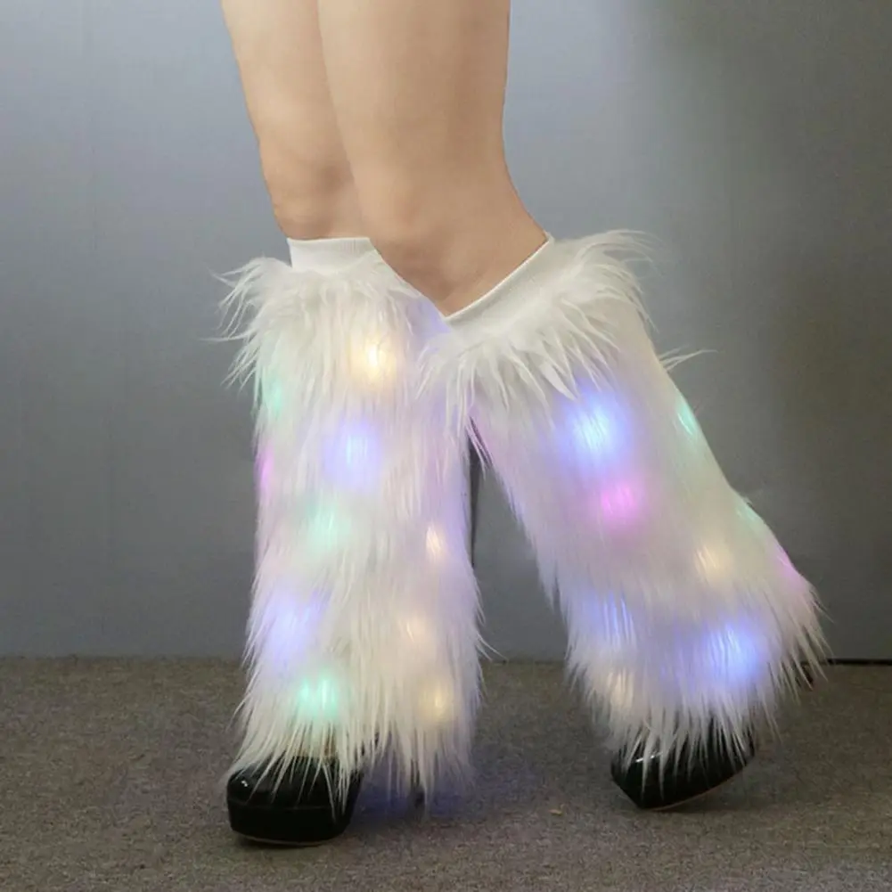 2025 Faux Fur Leg Warmers with Light Fuzzy Artificial Wool Boot Covers Colorful Party Stage Performance High Tube Plush Socks