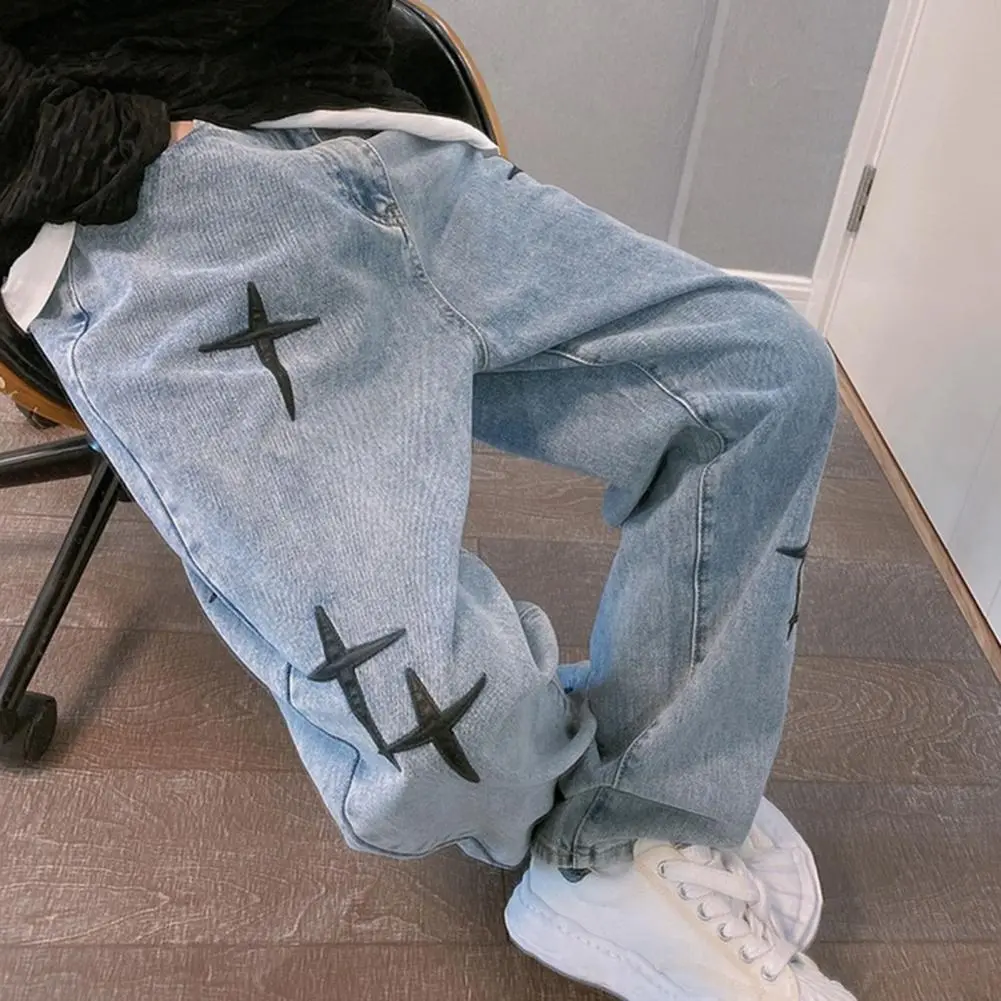 Star Embroidery Jeans W Vintage Wide Leg Big Pocket Pants Zipper Neutral Loose Straight Leg Casual High Street Hip Hop Jeans