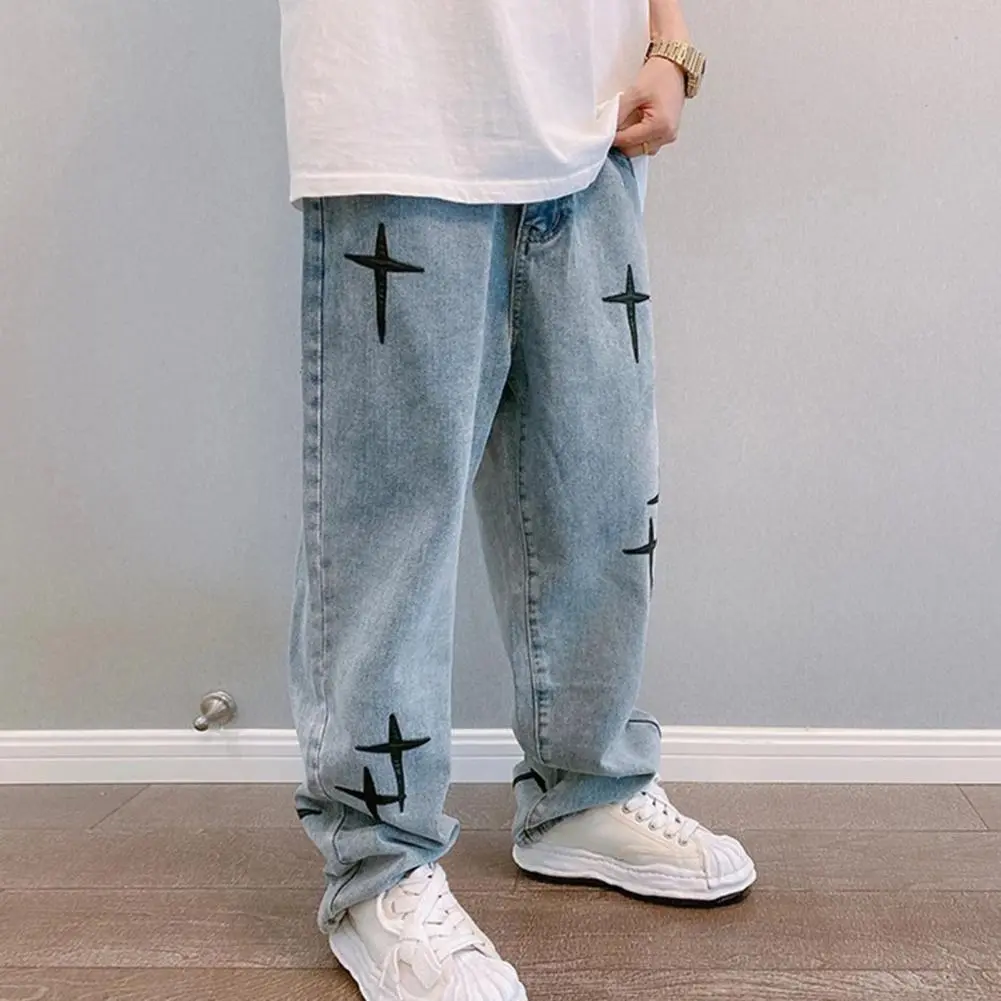 Star Embroidery Jeans W Vintage Wide Leg Big Pocket Pants Zipper Neutral Loose Straight Leg Casual High Street Hip Hop Jeans