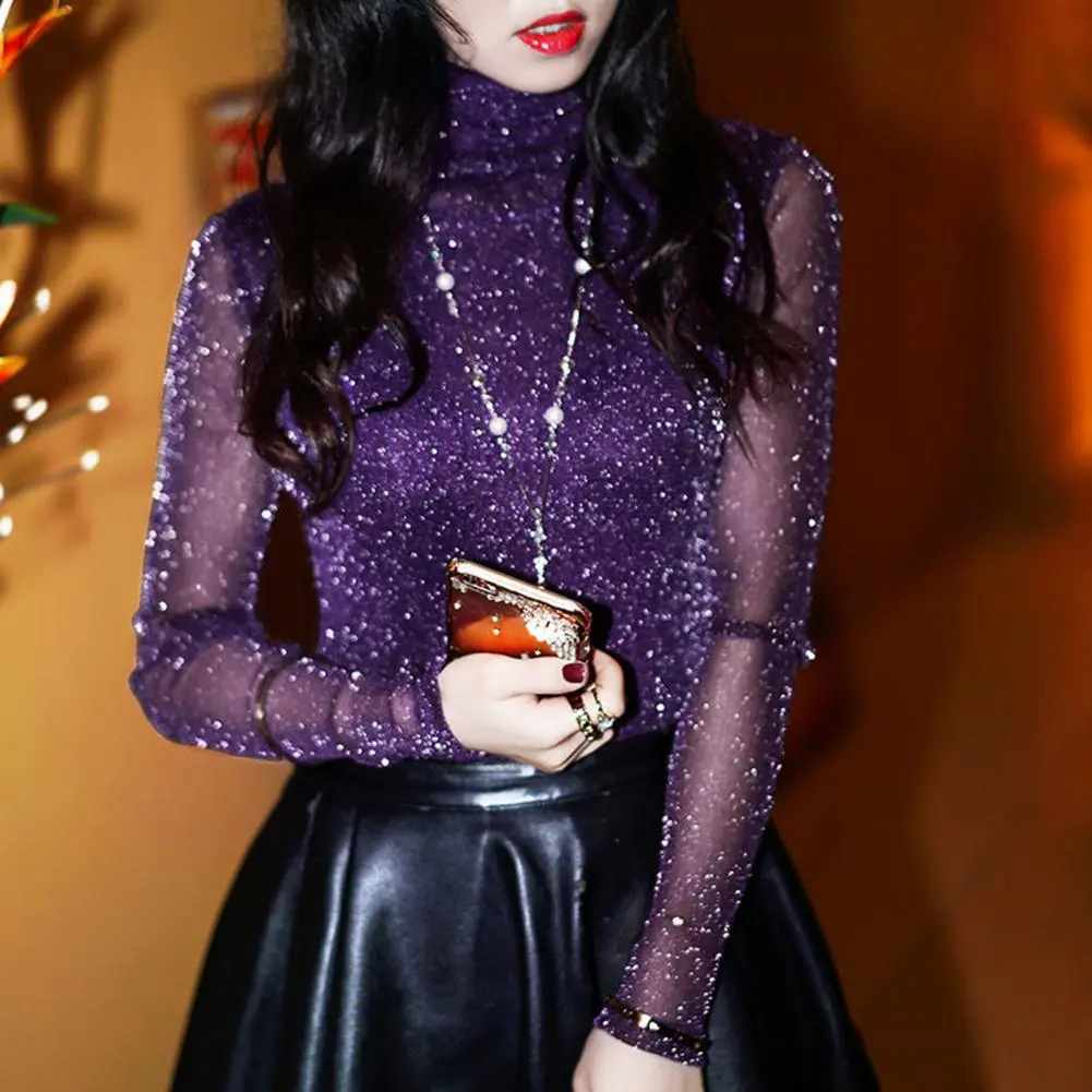 2025 Perspective Mesh Yarn Women Blouse O-Neck Long Sleeve Loose Fit Women Blouse Sexy See-Through Mesh Shining Blouse Top