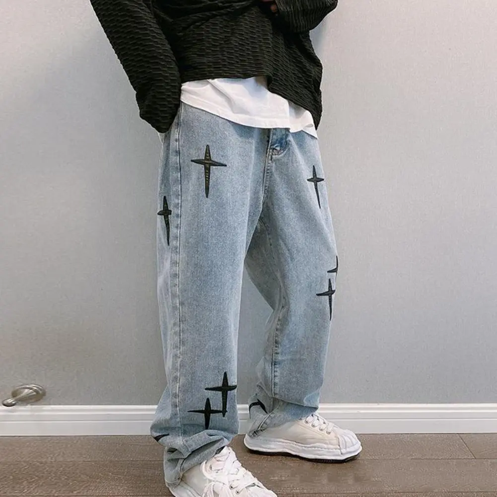 Star Embroidery Jeans W Vintage Wide Leg Big Pocket Pants Zipper Neutral Loose Straight Leg Casual High Street Hip Hop Jeans