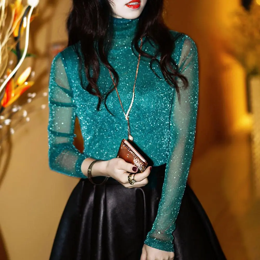 2025 Perspective Mesh Yarn Women Blouse O-Neck Long Sleeve Loose Fit Women Blouse Sexy See-Through Mesh Shining Blouse Top