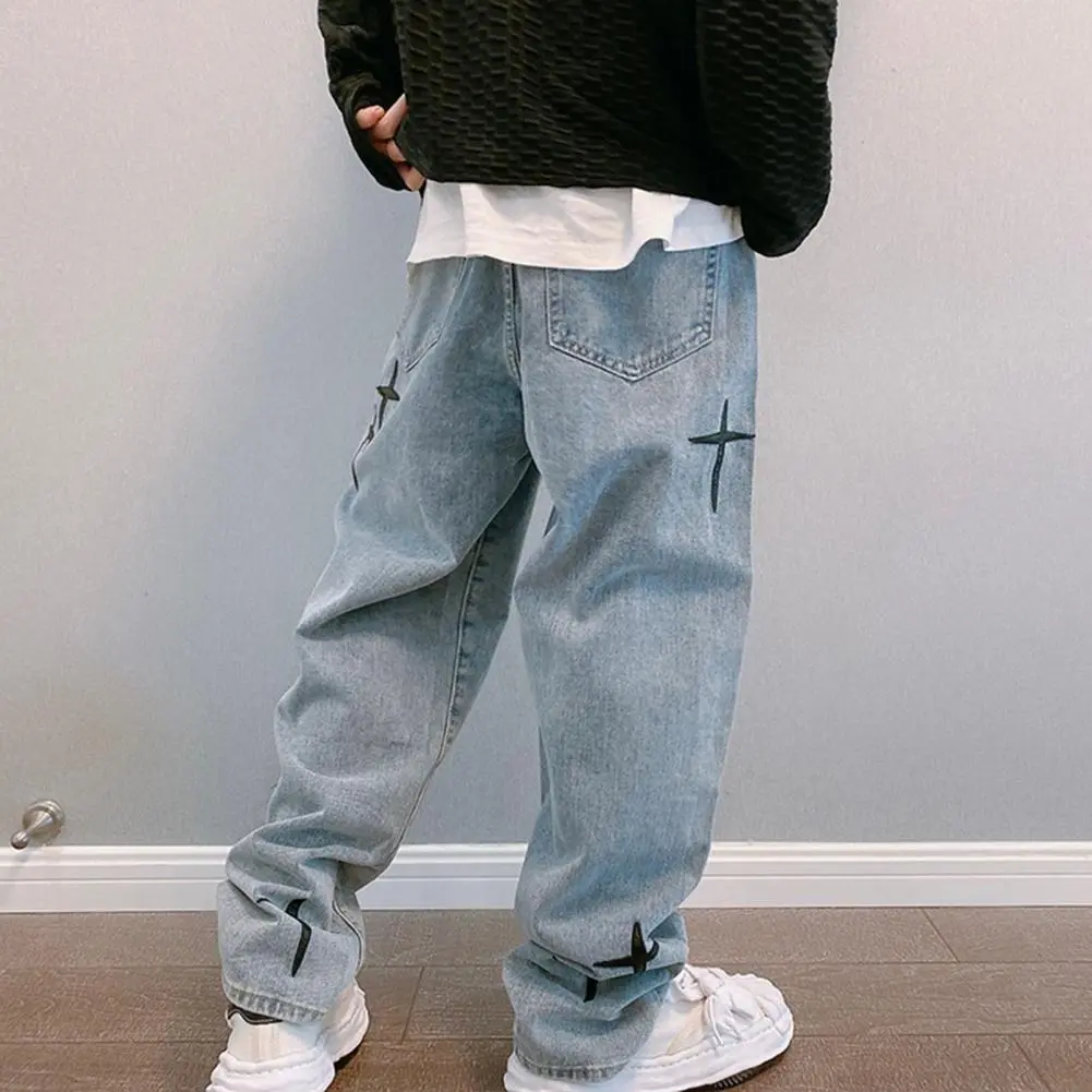 Star Embroidery Jeans W Vintage Wide Leg Big Pocket Pants Zipper Neutral Loose Straight Leg Casual High Street Hip Hop Jeans