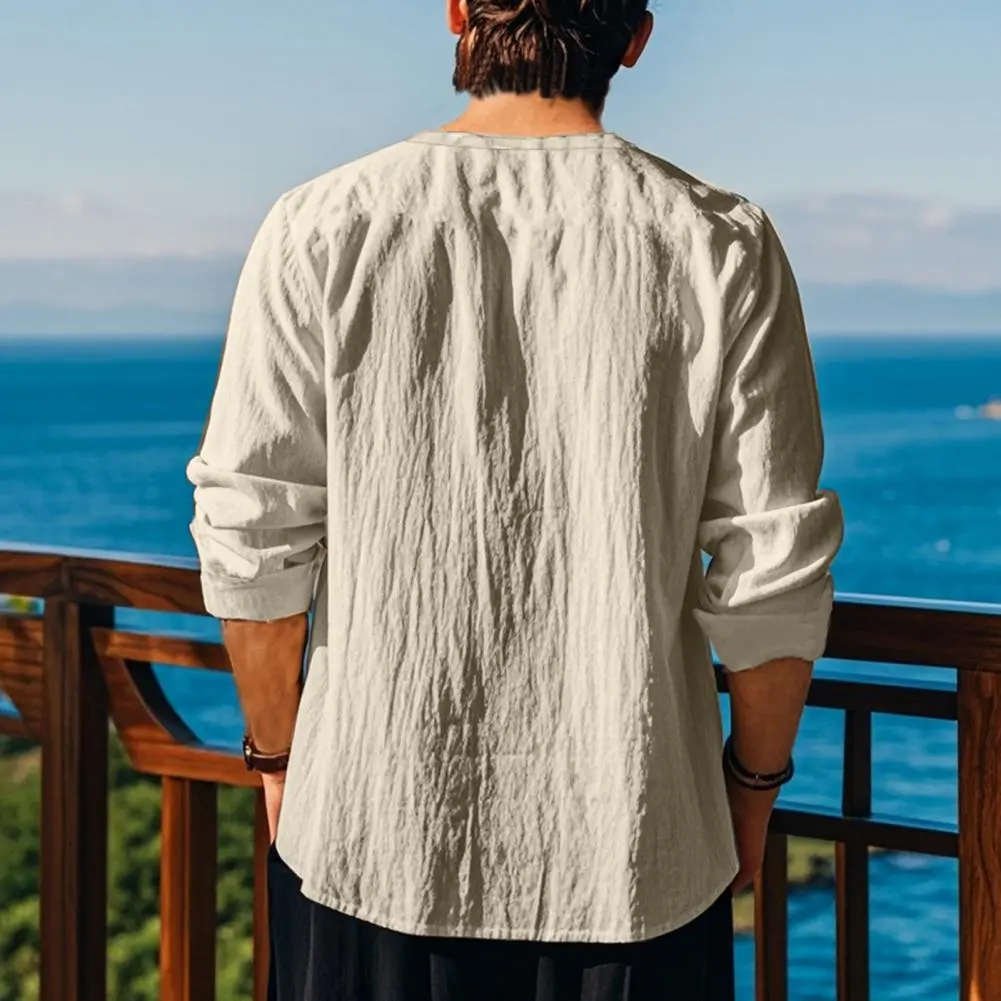 Men Causal Shirt Vintage Ethnic Boho Spring Lace-up V Neck Long Sleeves Shirt Fall Breathable Cotton Men Sweatshirt Retro Top