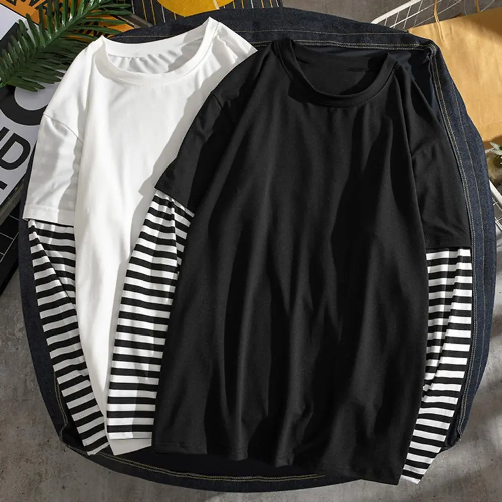 Fake Two Piece Long Sleeve T-shirt Men European And American Round Neck Striped Casual Long Sleeved T-shirt Breathable Men Tee