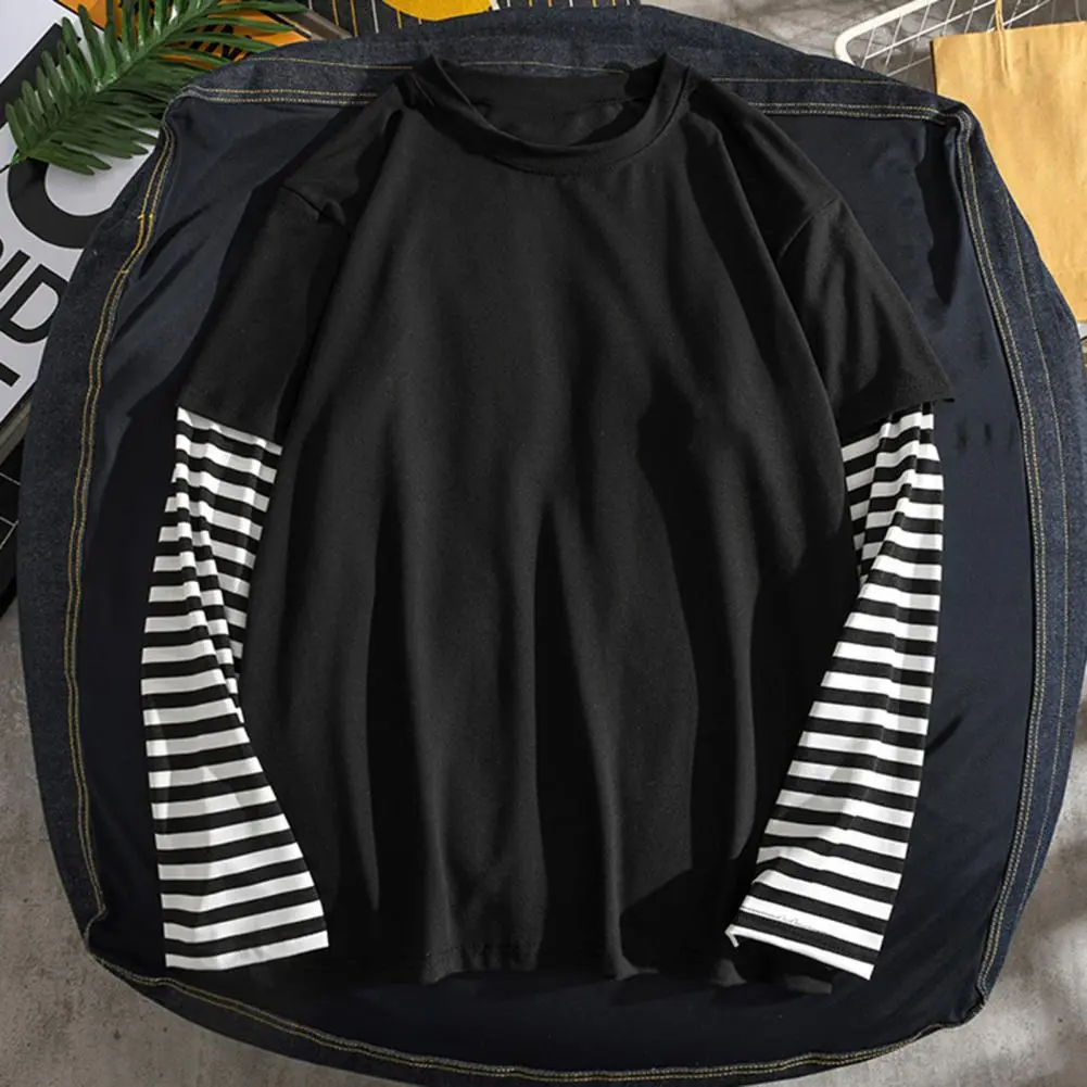 Fake Two Piece Long Sleeve T-shirt Men European And American Round Neck Striped Casual Long Sleeved T-shirt Breathable Men Tee